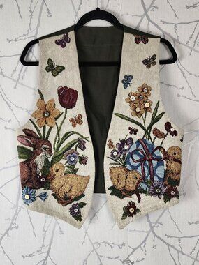 Floral Spring Scene Bunny Duckling Butterfly Tapestry Vest